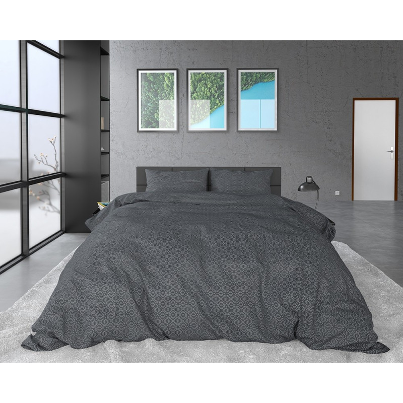 Flonel sengesæt Jason Anthracite med cirkel mønster fra MyTrendyHome.dk