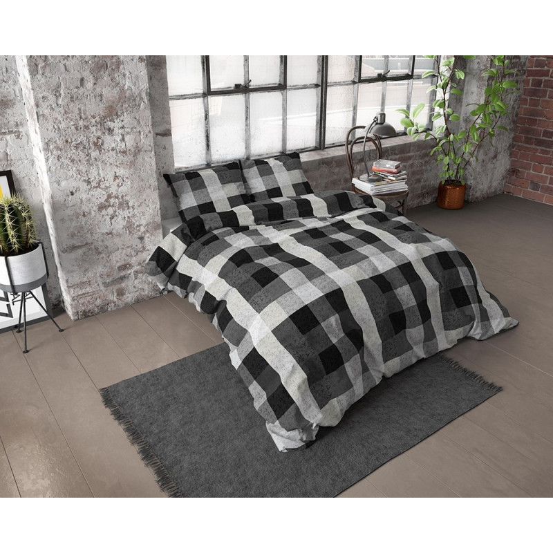 Flonel sengesæt Steef Anthracite med skakcelle på fra MytrendyHome.dk