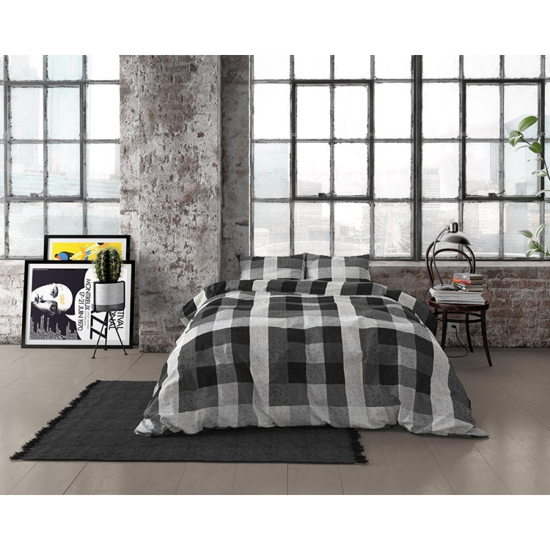 Flonel sengesæt Steef Anthracite med skakcelle på fra MytrendyHome.dk