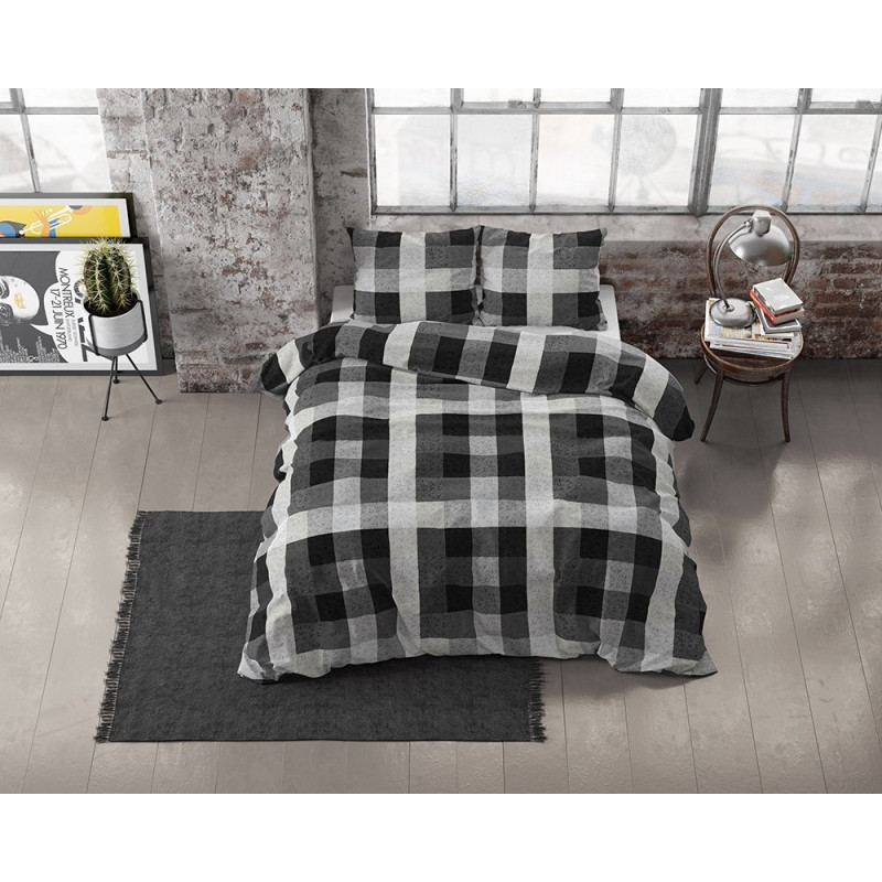 Flonel sengesæt Steef Anthracite med skakcelle på fra MytrendyHome.dk